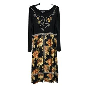 Vtg Carole Little Floral Dress Womens 10P Black Tan Ribbed Long Sleeve Church